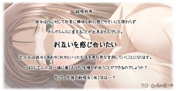 結婚初夜、彼女はＨに対して非常に興味もあり、感じやすいにも関わらずオルガスムスに達することが出来ませんでした。
お互いを感じ合いたい主人公は彼女とあれやこれやといった方法を夜な夜な実践していくことになります。
…はたして二人は一緒に愛（えっち）を確かめ合うことができるのでしょうか？
そして、今後の新婚生（性）活は…？